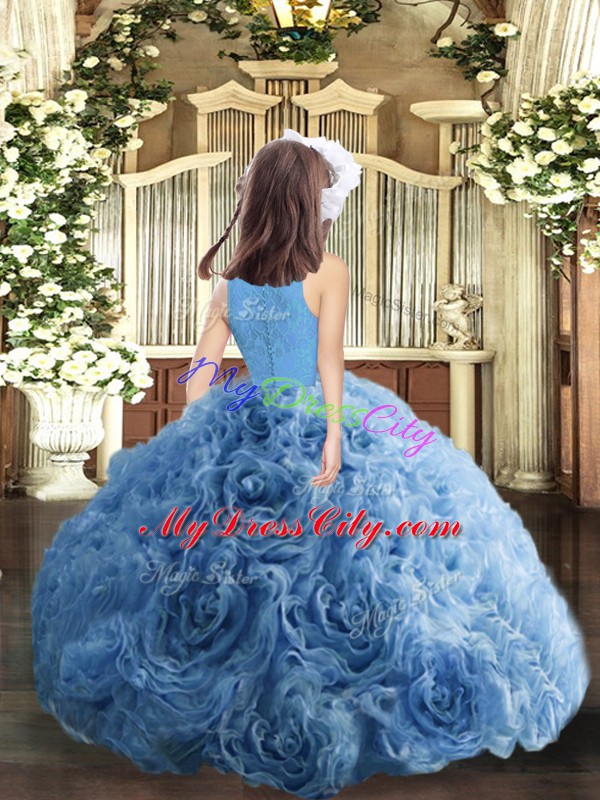 Floor Length Zipper Little Girls Pageant Dress Blue for Party and Military Ball and Wedding Party with Beading