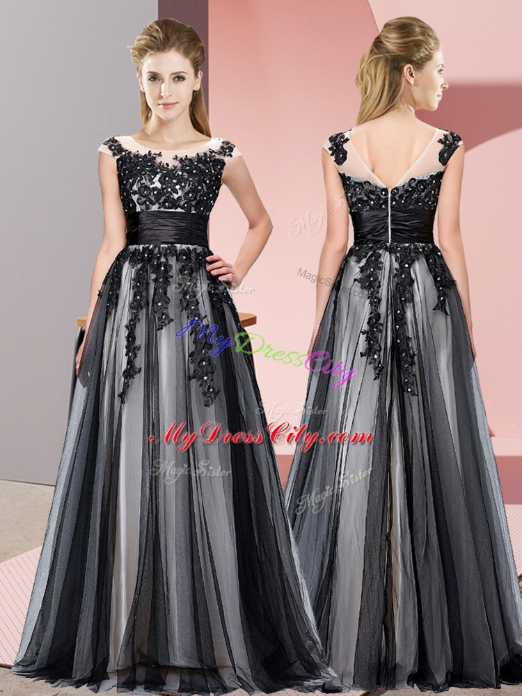 Custom Made Floor Length Black Bridesmaids Dress Tulle Sleeveless Beading and Lace