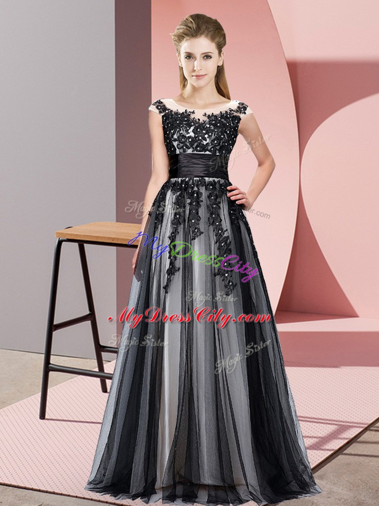 Custom Made Floor Length Black Bridesmaids Dress Tulle Sleeveless Beading and Lace