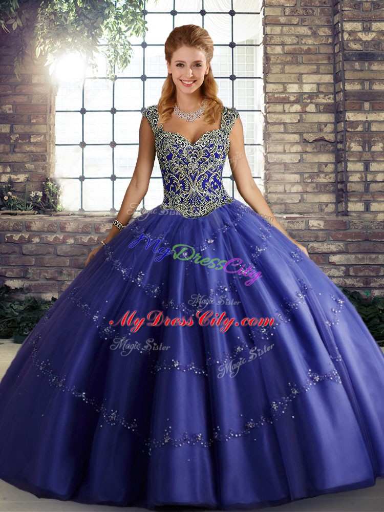 Purple Straps Lace Up Beading and Appliques Ball Gown Prom Dress Sleeveless