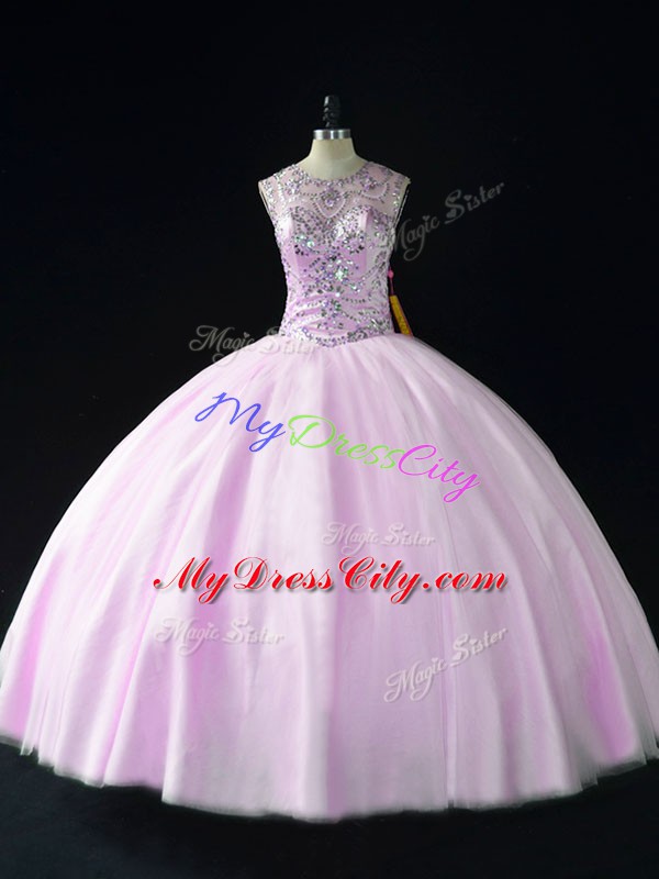 Floor Length Lilac Quince Ball Gowns Tulle Sleeveless Beading