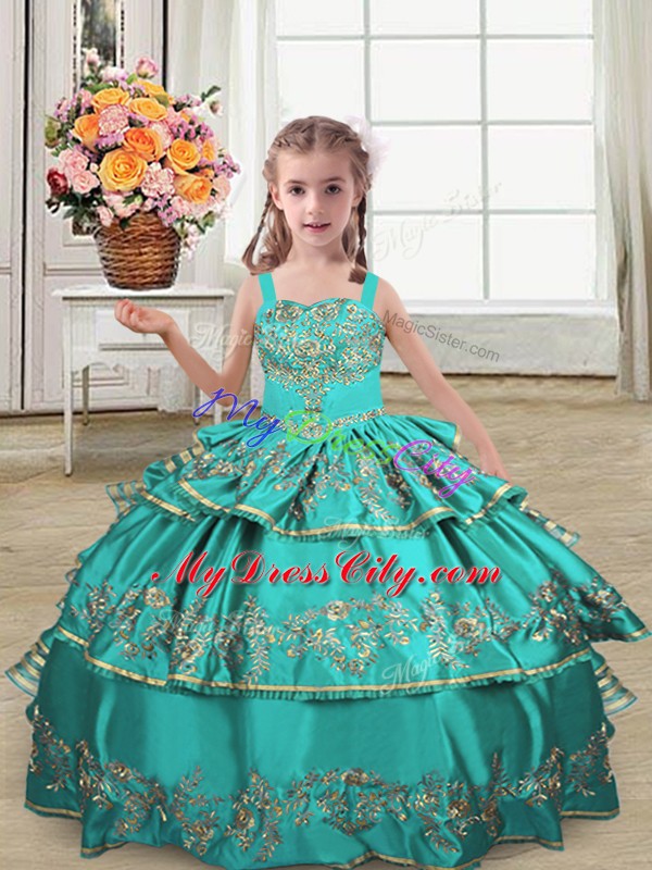 Floor Length Lace Up Pageant Dress for Teens Turquoise for Wedding Party with Embroidery and Ruffled Layers