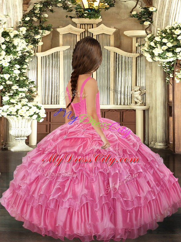 Watermelon Red Ball Gowns Straps Sleeveless Organza Floor Length Lace Up Ruffled Layers Child Pageant Dress