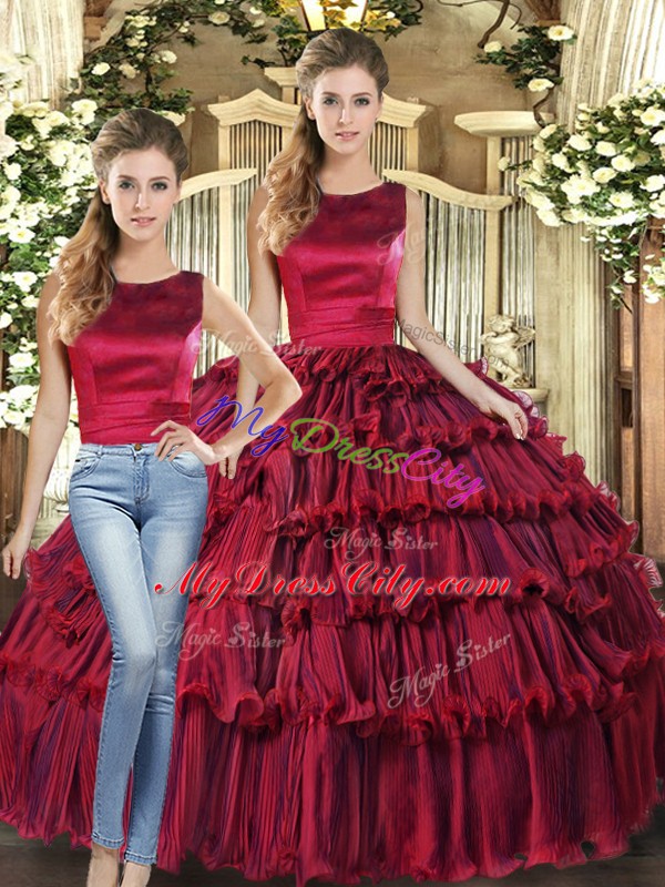 Captivating Wine Red Two Pieces Organza Scoop Sleeveless Ruffled Layers Floor Length Lace Up Quinceanera Gowns