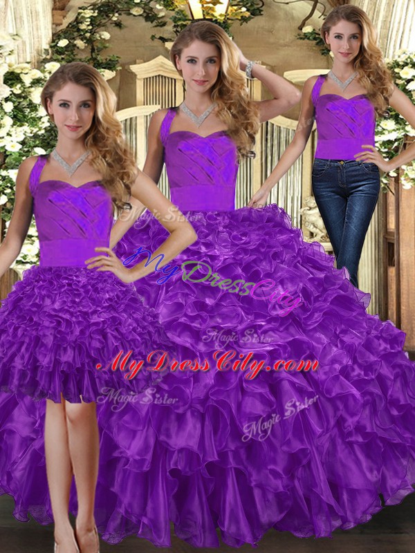 Purple Sleeveless Organza Lace Up Quince Ball Gowns for Military Ball and Sweet 16 and Quinceanera