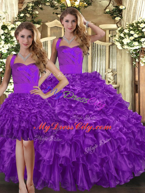 Purple Sleeveless Organza Lace Up Quince Ball Gowns for Military Ball and Sweet 16 and Quinceanera