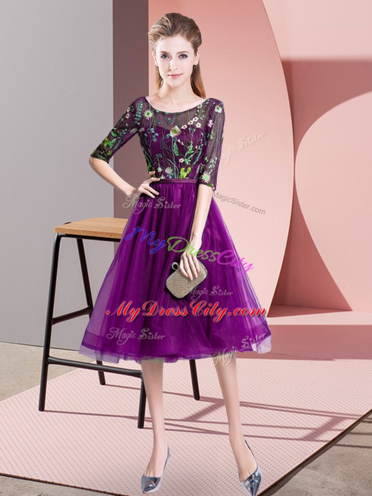 Edgy Purple Tulle Lace Up Scoop Half Sleeves Knee Length Bridesmaid Dress Embroidery