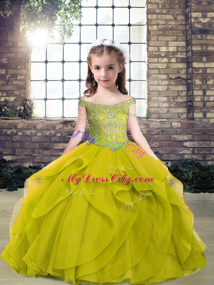 Floor Length Olive Green Kids Pageant Dress Tulle Sleeveless Beading