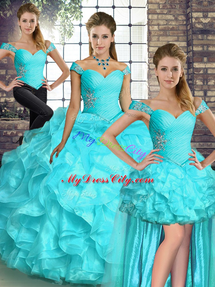 Glamorous Aqua Blue Organza Lace Up Ball Gown Prom Dress Sleeveless Floor Length Beading and Ruffles