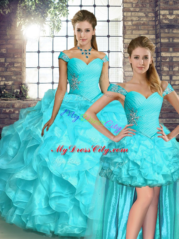 Glamorous Aqua Blue Organza Lace Up Ball Gown Prom Dress Sleeveless Floor Length Beading and Ruffles