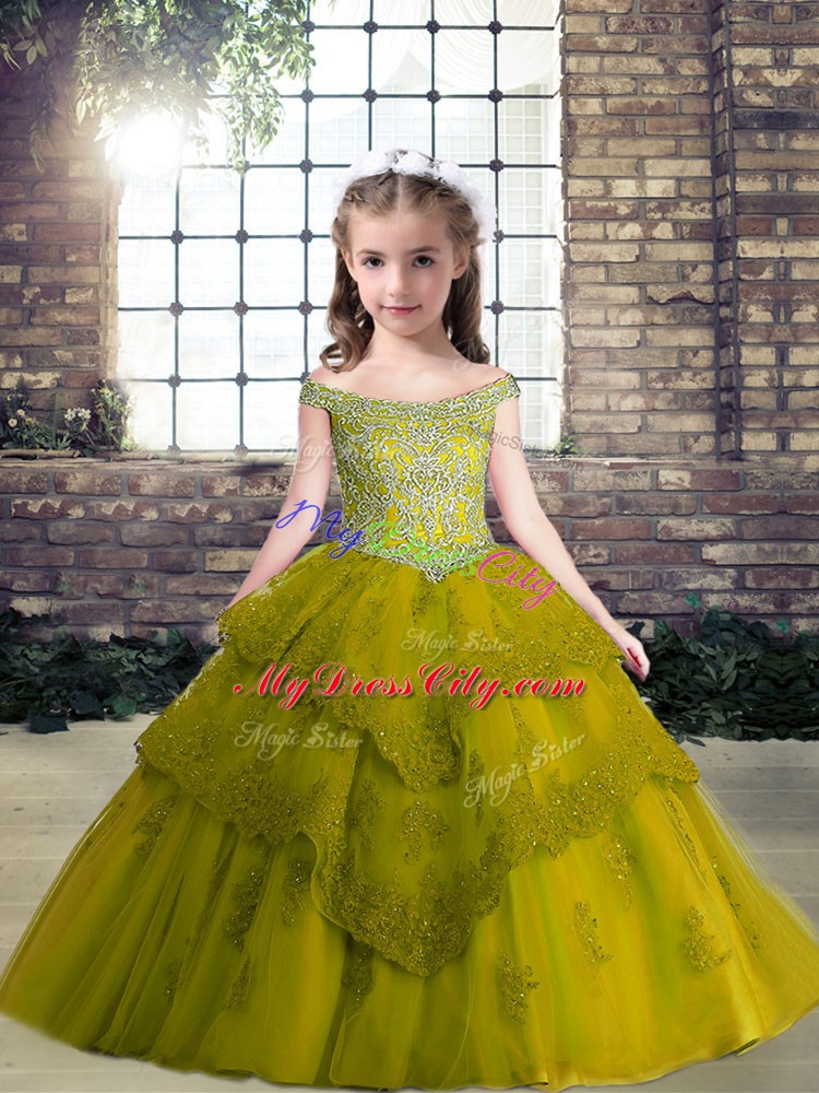 Trendy Sleeveless Lace Up Floor Length Beading and Appliques Pageant Dress for Girls