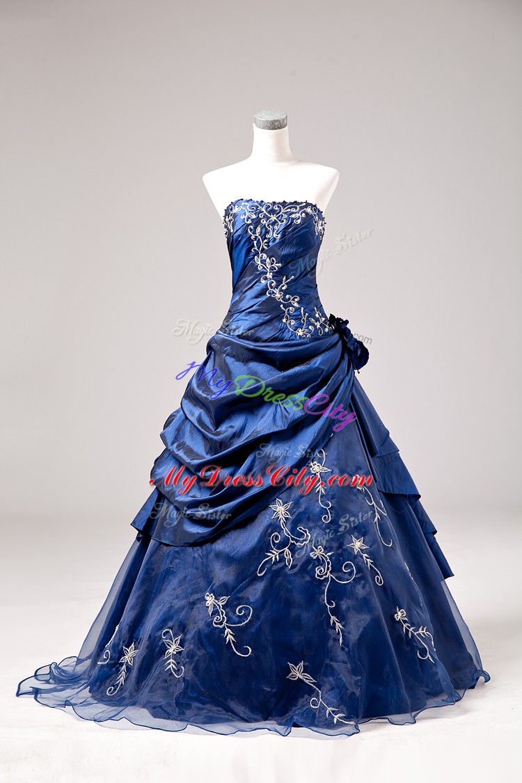 Designer Blue Lace Up Quinceanera Gowns Embroidery and Hand Made Flower Sleeveless Floor Length