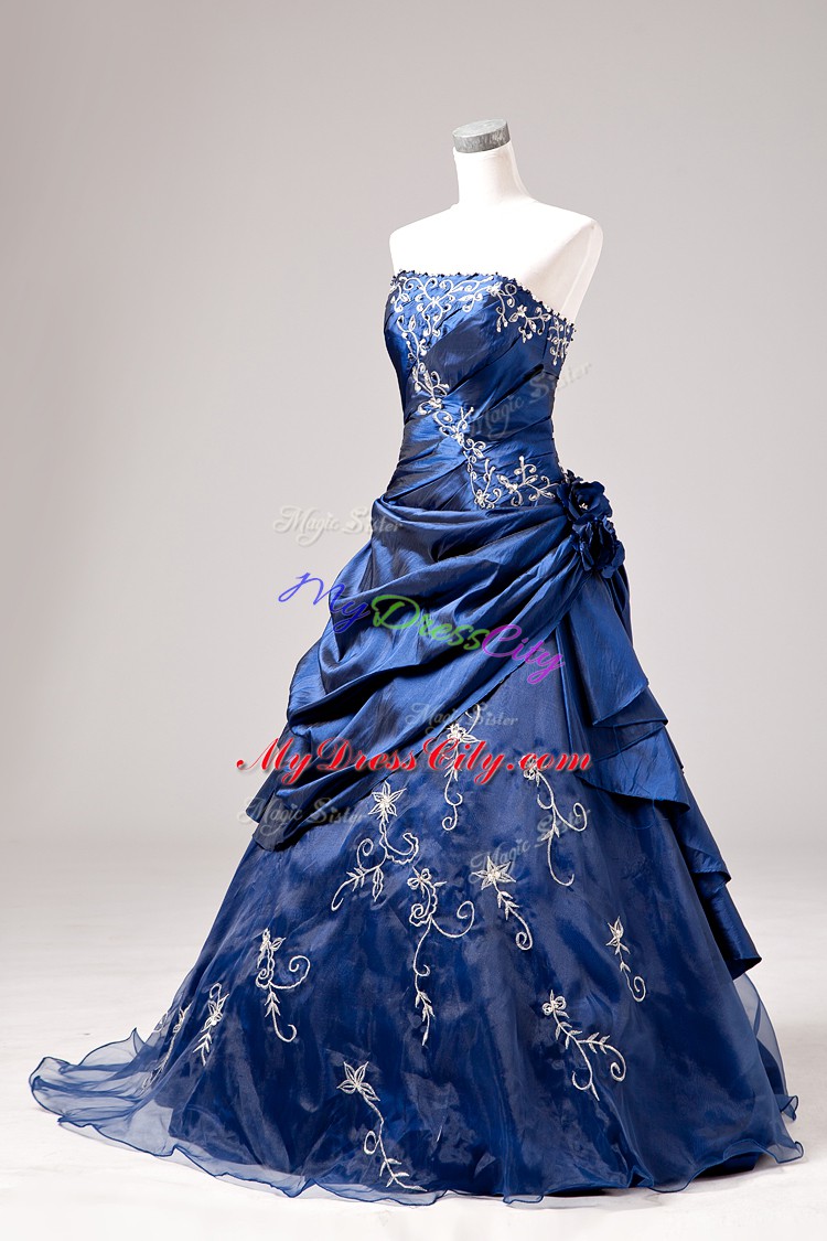 Designer Blue Lace Up Quinceanera Gowns Embroidery and Hand Made Flower Sleeveless Floor Length