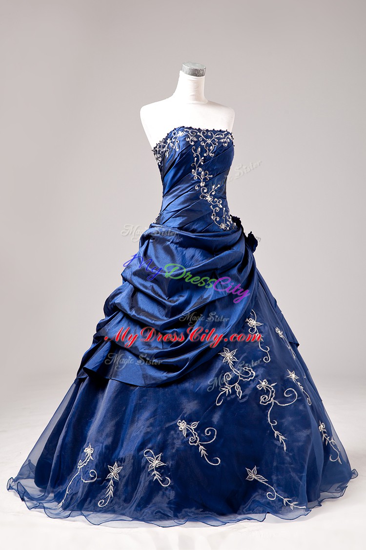 Designer Blue Lace Up Quinceanera Gowns Embroidery and Hand Made Flower Sleeveless Floor Length