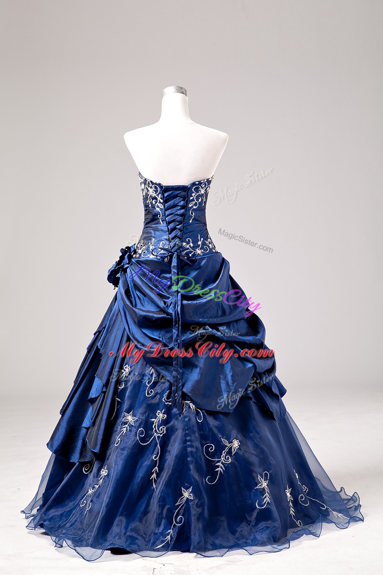 Designer Blue Lace Up Quinceanera Gowns Embroidery and Hand Made Flower Sleeveless Floor Length