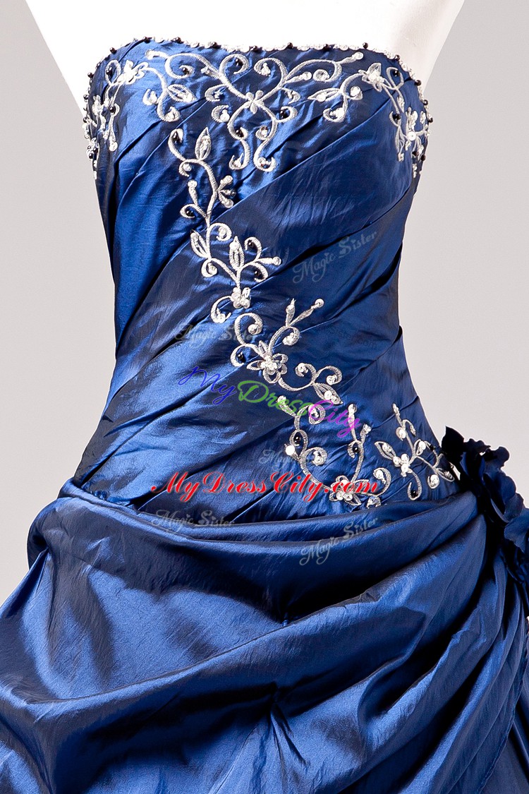 Designer Blue Lace Up Quinceanera Gowns Embroidery and Hand Made Flower Sleeveless Floor Length