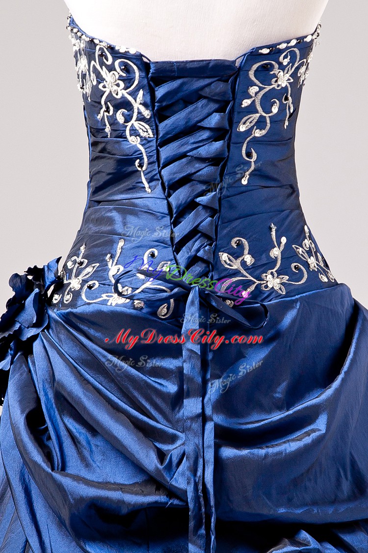 Designer Blue Lace Up Quinceanera Gowns Embroidery and Hand Made Flower Sleeveless Floor Length