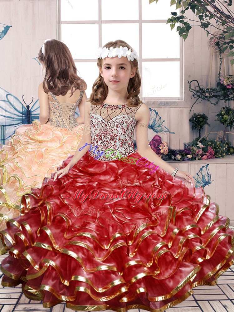 Beading and Ruffles Kids Formal Wear Red Lace Up Sleeveless Floor Length