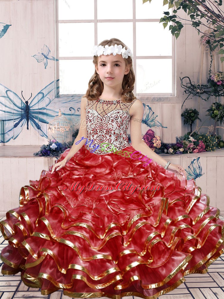 Beading and Ruffles Kids Formal Wear Red Lace Up Sleeveless Floor Length