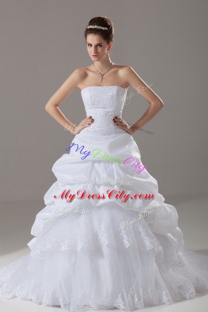 Flare White Wedding Gown Strapless Sleeveless Brush Train Lace Up