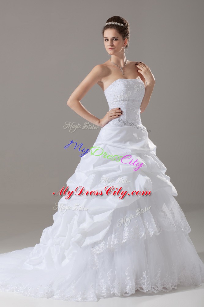 Flare White Wedding Gown Strapless Sleeveless Brush Train Lace Up