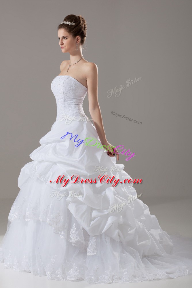 Flare White Wedding Gown Strapless Sleeveless Brush Train Lace Up