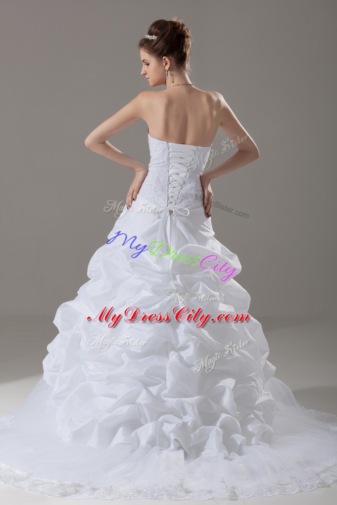 Flare White Wedding Gown Strapless Sleeveless Brush Train Lace Up