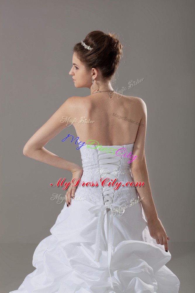 Flare White Wedding Gown Strapless Sleeveless Brush Train Lace Up