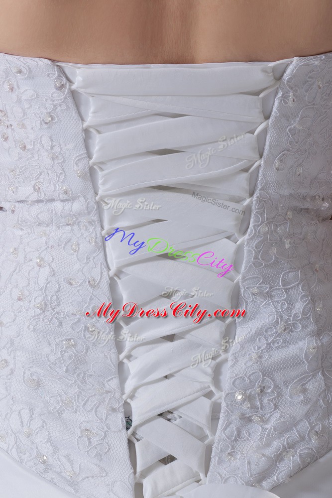 Flare White Wedding Gown Strapless Sleeveless Brush Train Lace Up