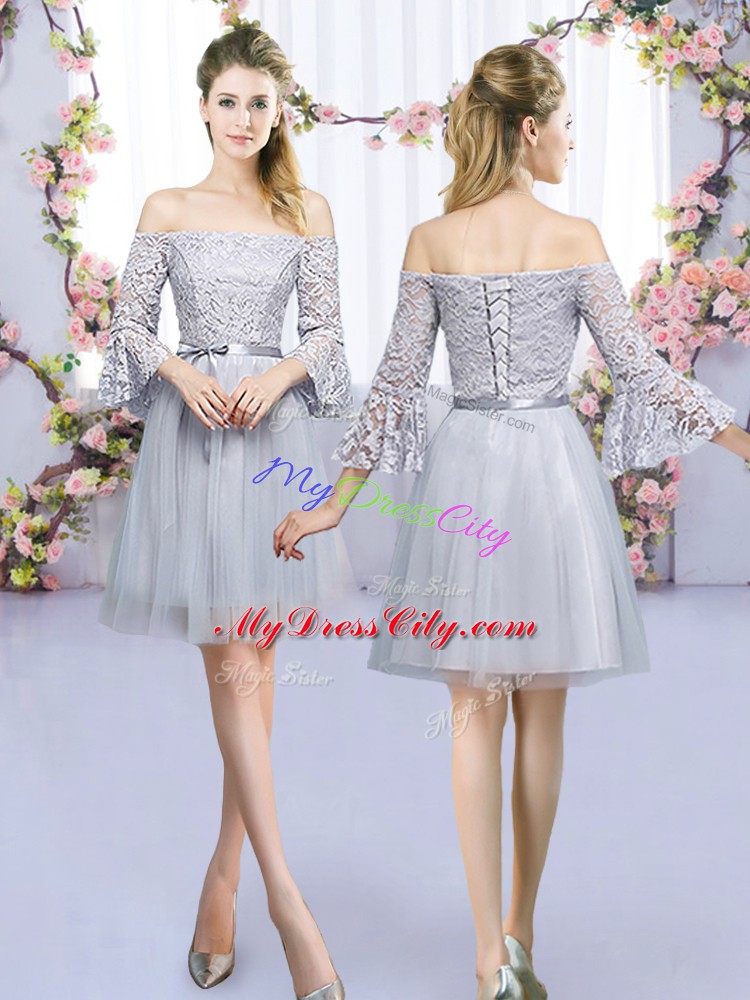 New Style Grey Quinceanera Court of Honor Dress Wedding Party with Lace and Belt Off The Shoulder 3 4 Length Sleeve Lace Up