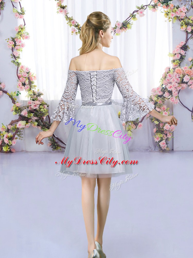 New Style Grey Quinceanera Court of Honor Dress Wedding Party with Lace and Belt Off The Shoulder 3 4 Length Sleeve Lace Up