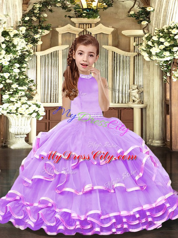 Floor Length Lavender Little Girls Pageant Dress Wholesale Halter Top Sleeveless Backless