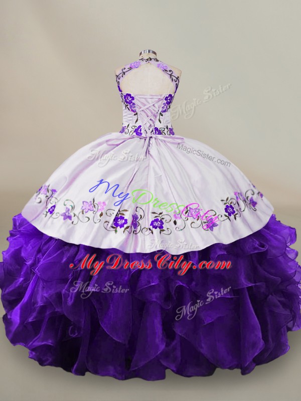 Unique White And Purple Ball Gowns Organza Halter Top Long Sleeves Embroidery and Ruffles Floor Length Lace Up Quinceanera Dress