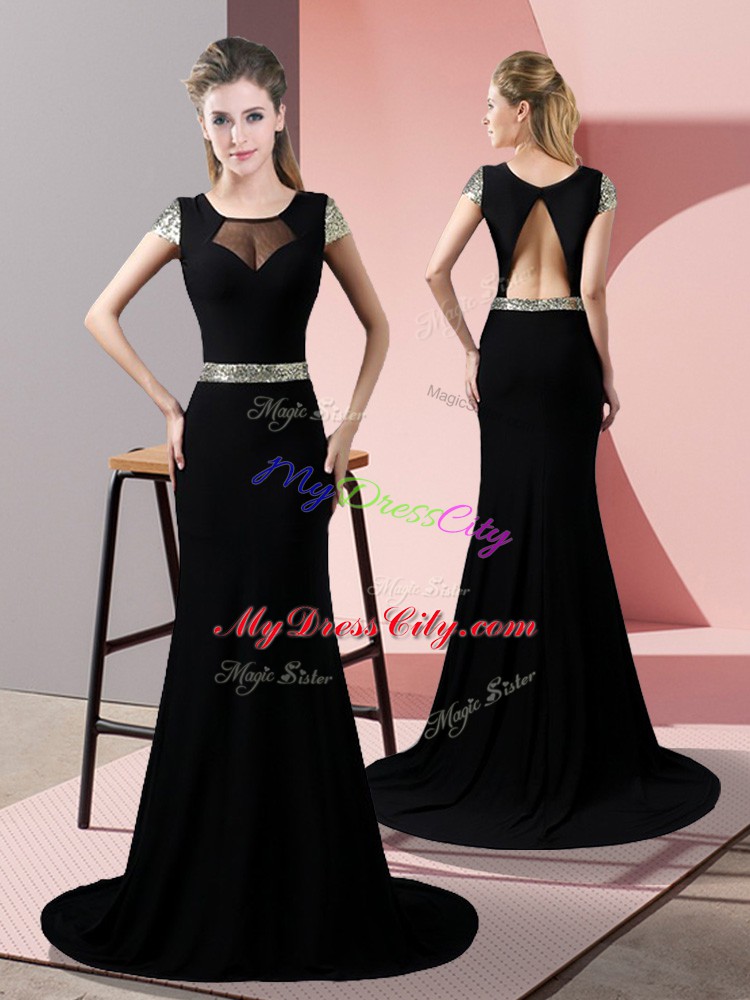 Luxurious Black Mermaid Square Short Sleeves Satin Sweep Train Backless Sequins Evening Dress