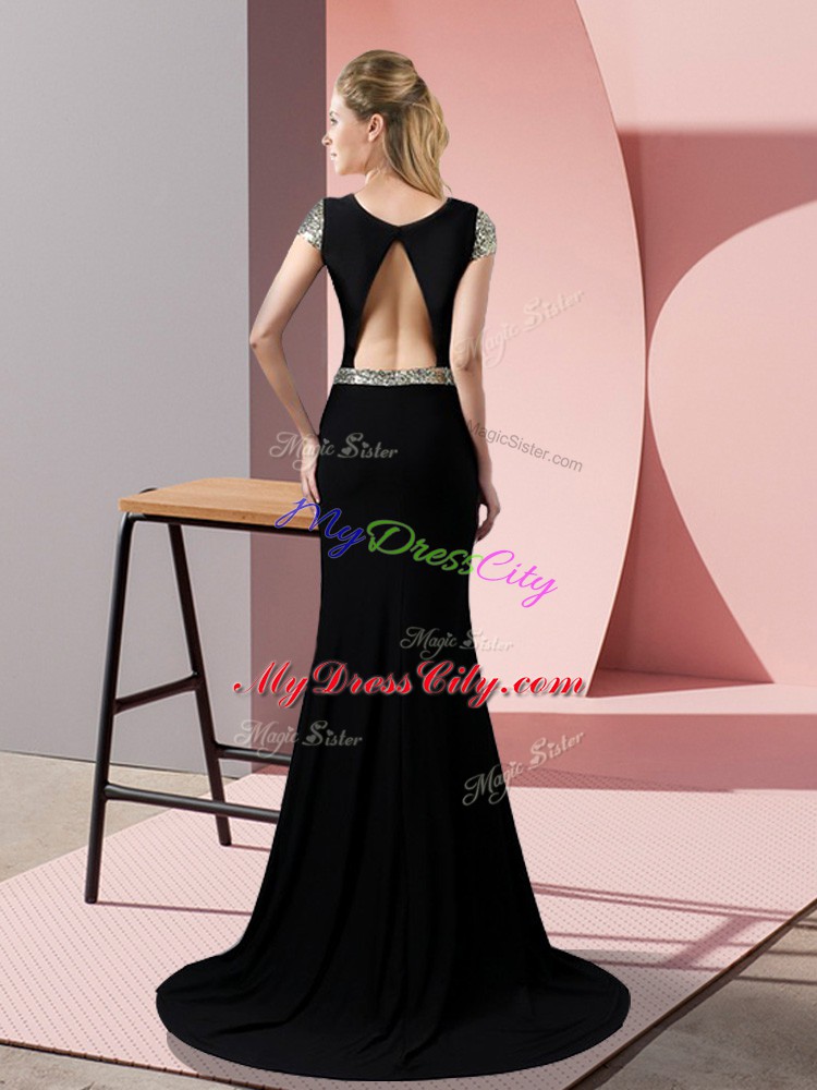 Luxurious Black Mermaid Square Short Sleeves Satin Sweep Train Backless Sequins Evening Dress