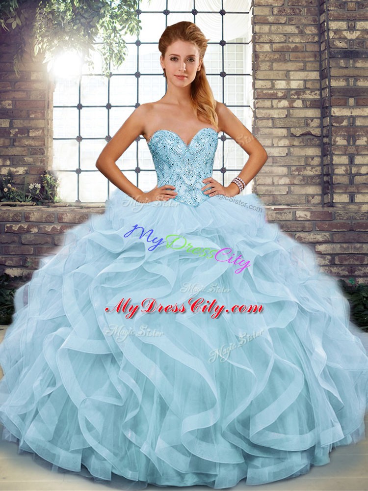 Light Blue Sweetheart Lace Up Beading and Ruffles Sweet 16 Dress Sleeveless