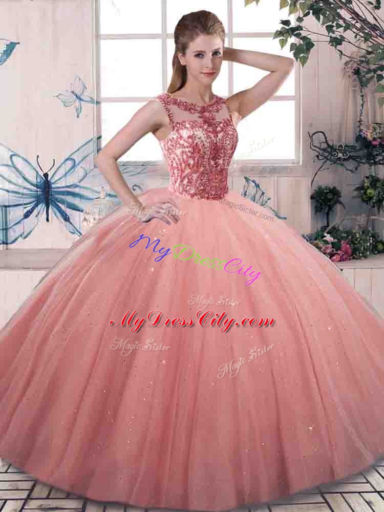 Watermelon Red Scoop Neckline Beading Quinceanera Gowns Sleeveless Lace Up