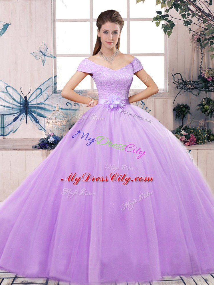 Traditional Lavender Ball Gowns Lace and Hand Made Flower Sweet 16 Quinceanera Dress Lace Up Tulle Short Sleeves Floor Length