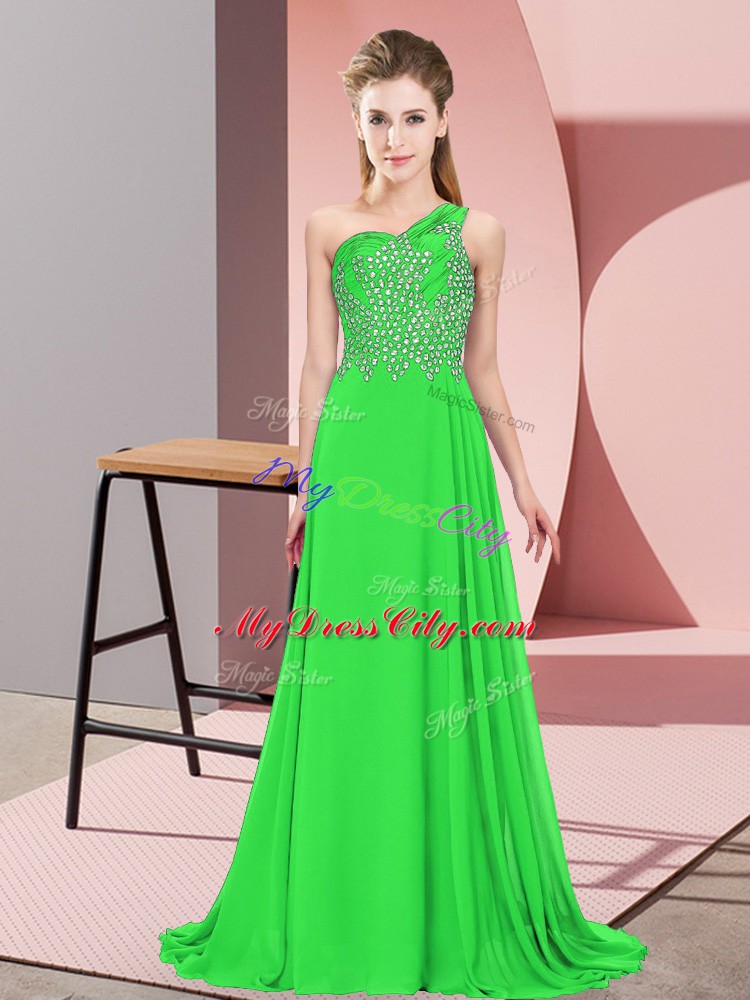 Floor Length Green Prom Dresses One Shoulder Sleeveless Side Zipper