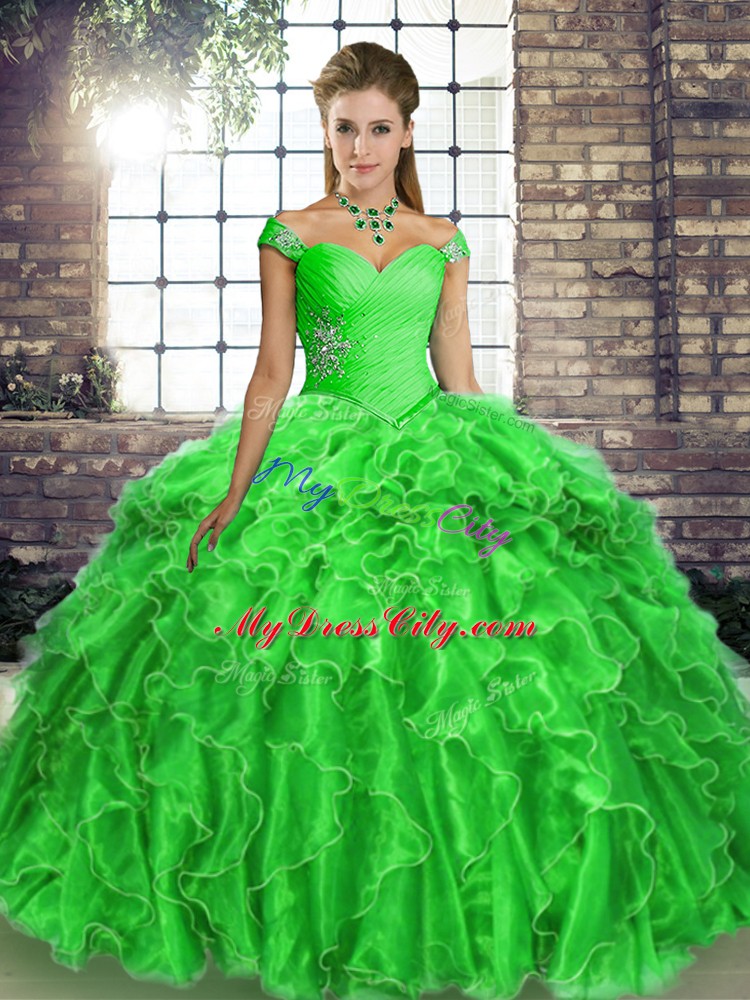 Free and Easy Green Off The Shoulder Lace Up Beading and Ruffles Quinceanera Gowns Brush Train Sleeveless