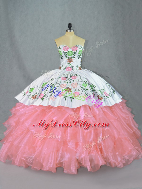 Cute Pink Sleeveless Floor Length Embroidery and Ruffles Lace Up Quince Ball Gowns