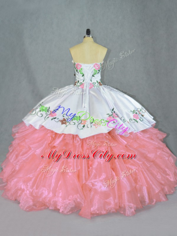 Cute Pink Sleeveless Floor Length Embroidery and Ruffles Lace Up Quince Ball Gowns