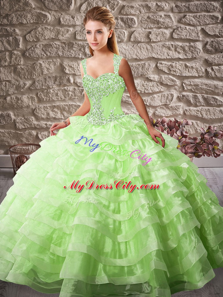 Sleeveless Beading and Ruffled Layers Lace Up Quinceanera Gown with Court Train