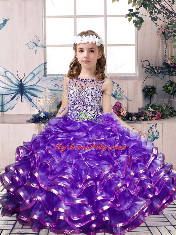 Lavender Lace Up Girls Pageant Dresses Beading and Ruffles Sleeveless Floor Length