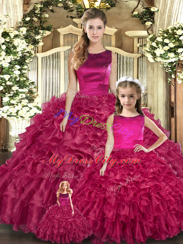 Fuchsia Sleeveless Organza Lace Up Sweet 16 Quinceanera Dress for Military Ball and Sweet 16 and Quinceanera