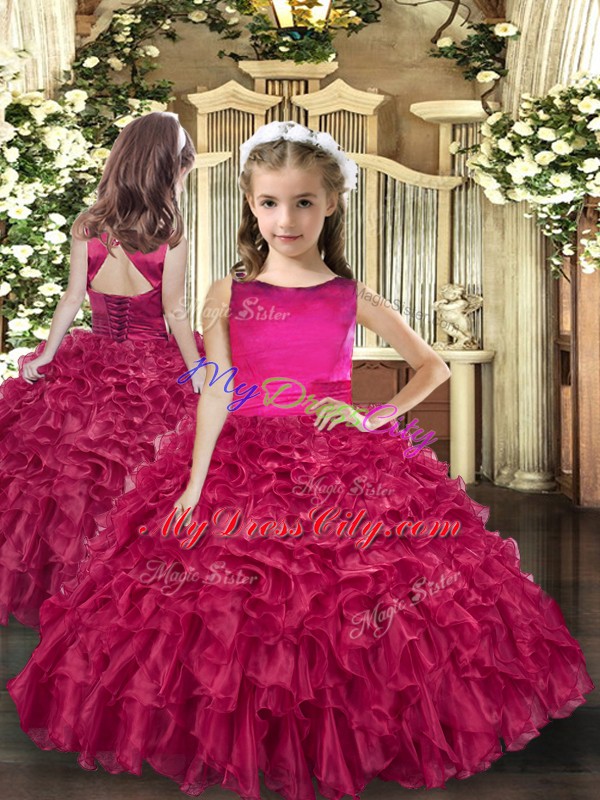 Fuchsia Sleeveless Organza Lace Up Sweet 16 Quinceanera Dress for Military Ball and Sweet 16 and Quinceanera