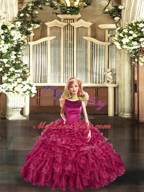 Fuchsia Sleeveless Organza Lace Up Sweet 16 Quinceanera Dress for Military Ball and Sweet 16 and Quinceanera