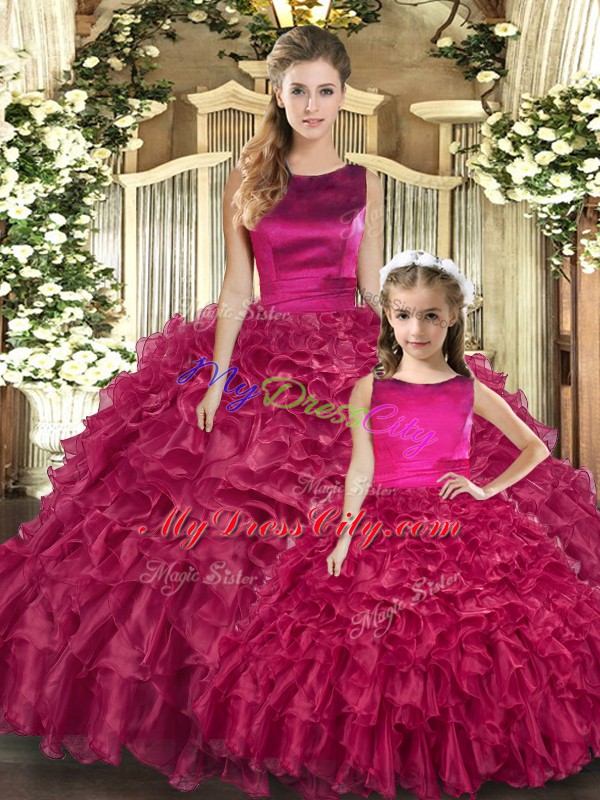 Fuchsia Sleeveless Organza Lace Up Sweet 16 Quinceanera Dress for Military Ball and Sweet 16 and Quinceanera