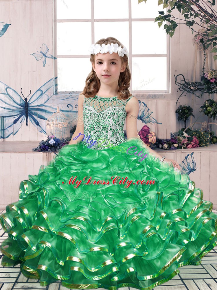 Excellent Floor Length Ball Gowns Sleeveless Green Pageant Dress for Girls Lace Up