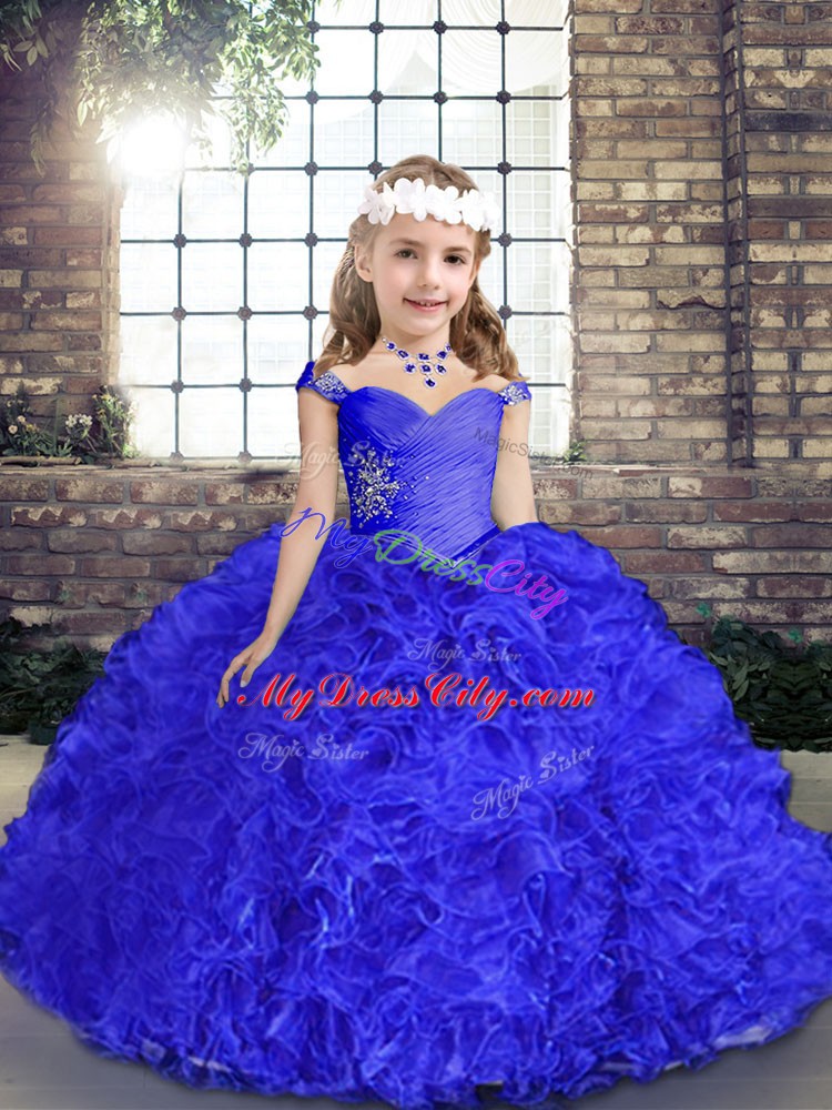 Royal Blue Ball Gowns Straps Sleeveless Fabric With Rolling Flowers Floor Length Lace Up Beading High School Pageant Dress